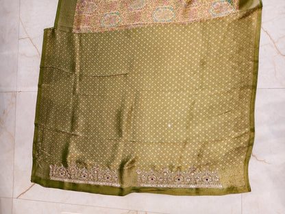 Mehndi Green Tissue Saree with Zarkan & Resham Work