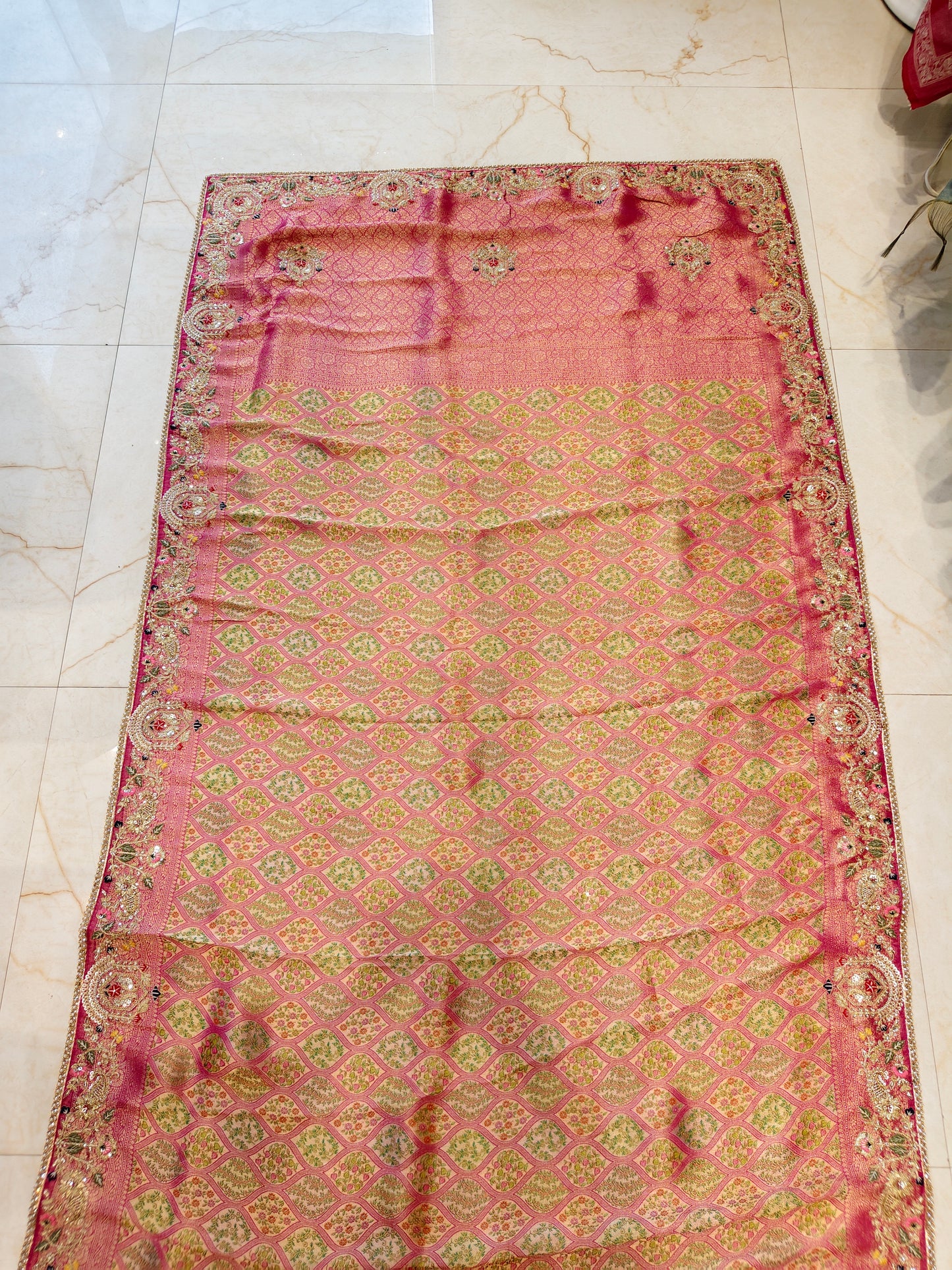Pink Tissue Saree with Zarkan & Resham Work