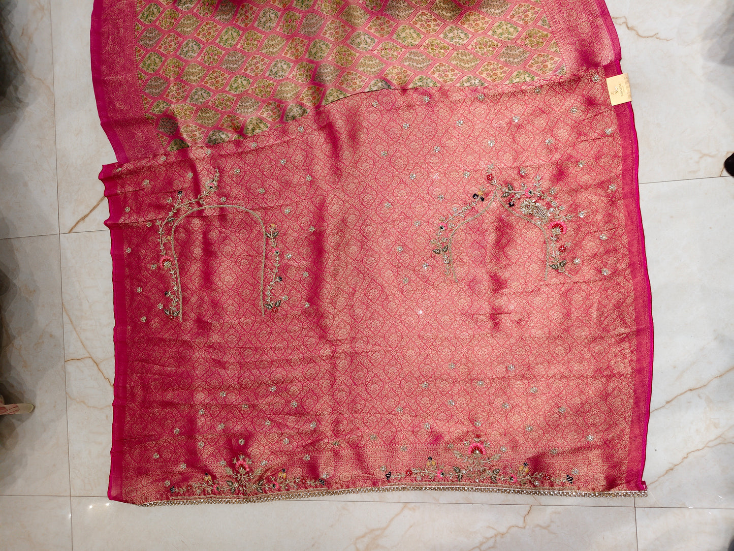 Pink Tissue Saree with Zarkan & Resham Work