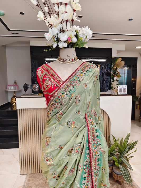 Sea Green & Rani Pink Tissue Saree