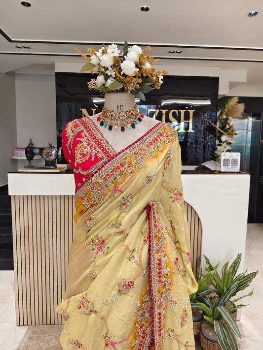 Sea Green & Rani Pink Tissue Saree