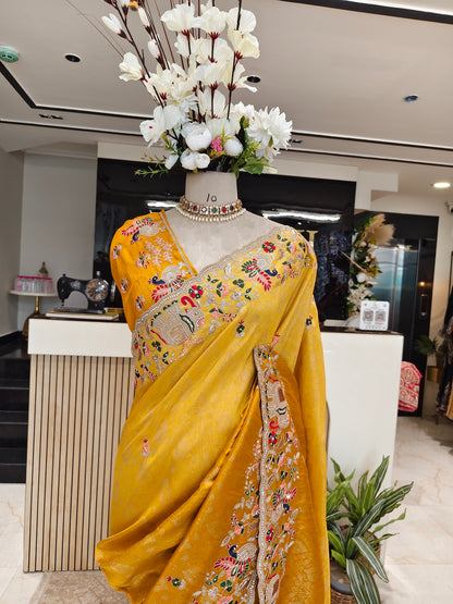 Mustard Birds Motif Tissue Saree
