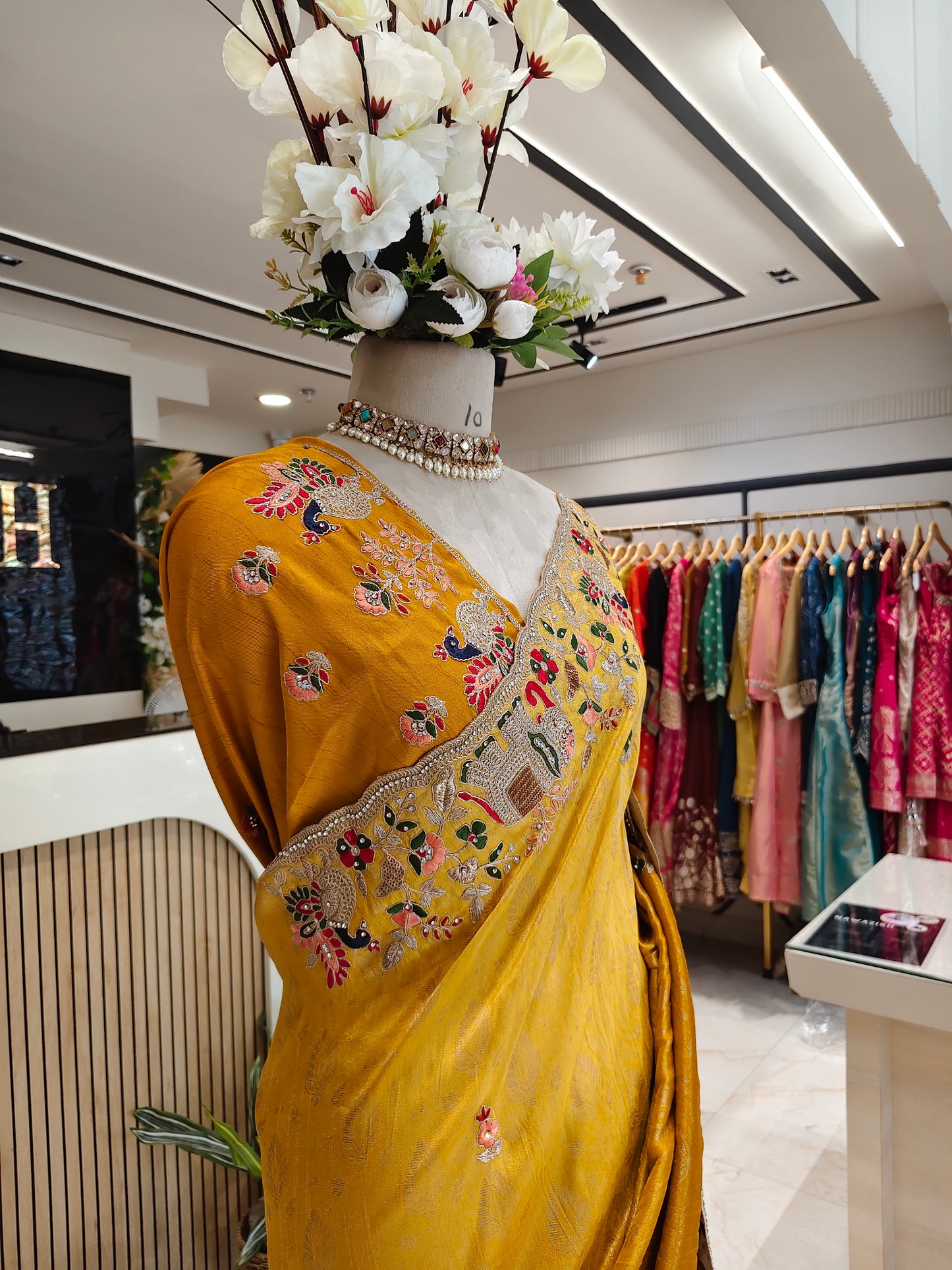 Mustard Birds Motif Tissue Saree