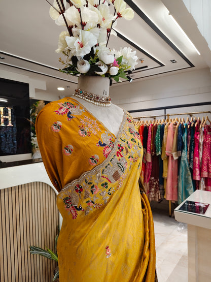 Mustard Birds Motif Tissue Saree