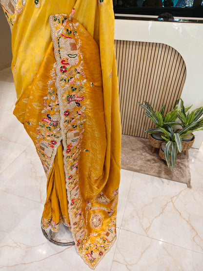 Mustard Birds Motif Tissue Saree