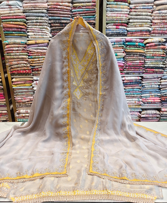 Grey Tissue Unstitched Suit Set
Resham Sequins Work Ethnic Suit
Organza Dupatta Designer Suit
Luxury Festive Wear for Women
Premium Unstitched Suits in Lucknow