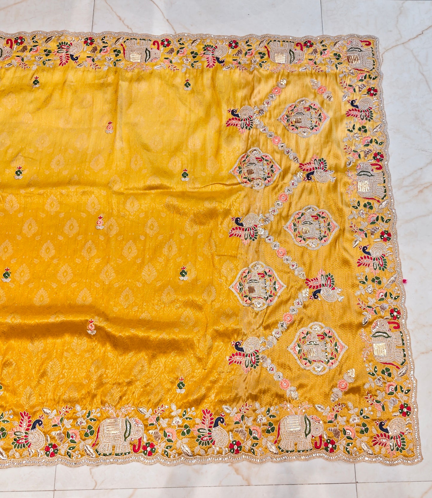 Mustard Birds Motif Tissue Saree