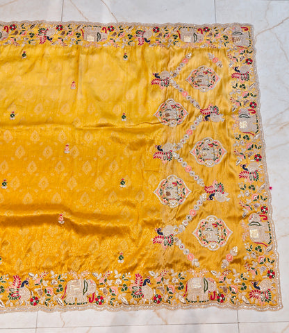 Mustard Birds Motif Tissue Saree
