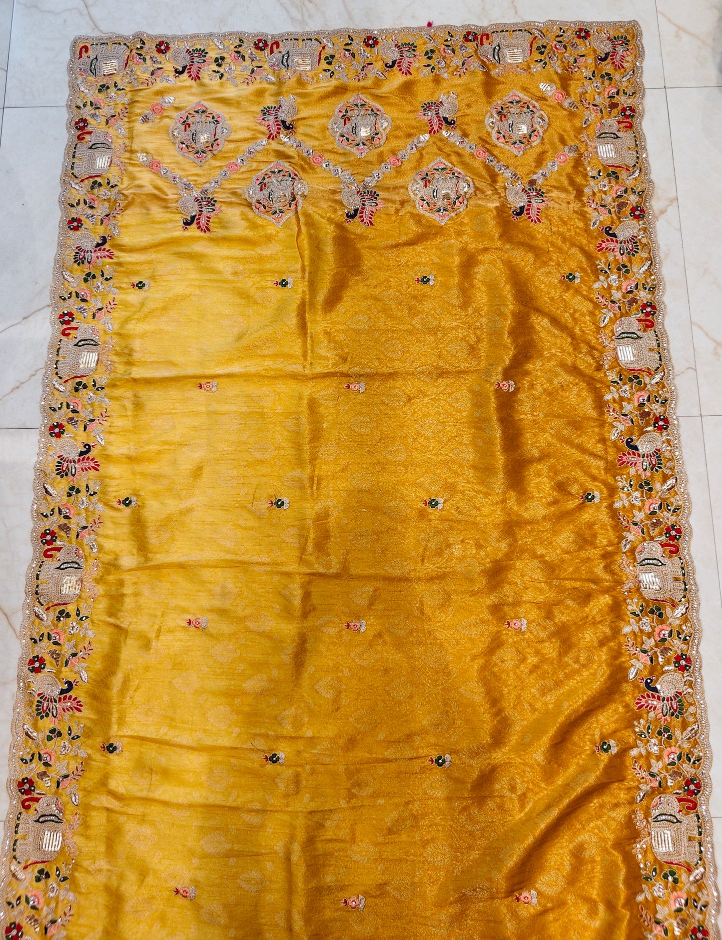Mustard Birds Motif Tissue Saree
