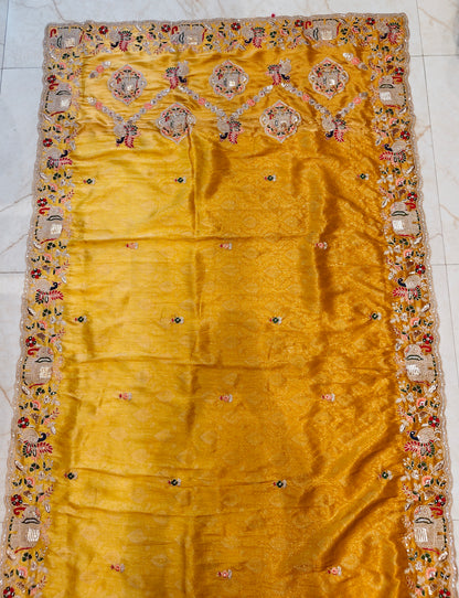 Mustard Birds Motif Tissue Saree