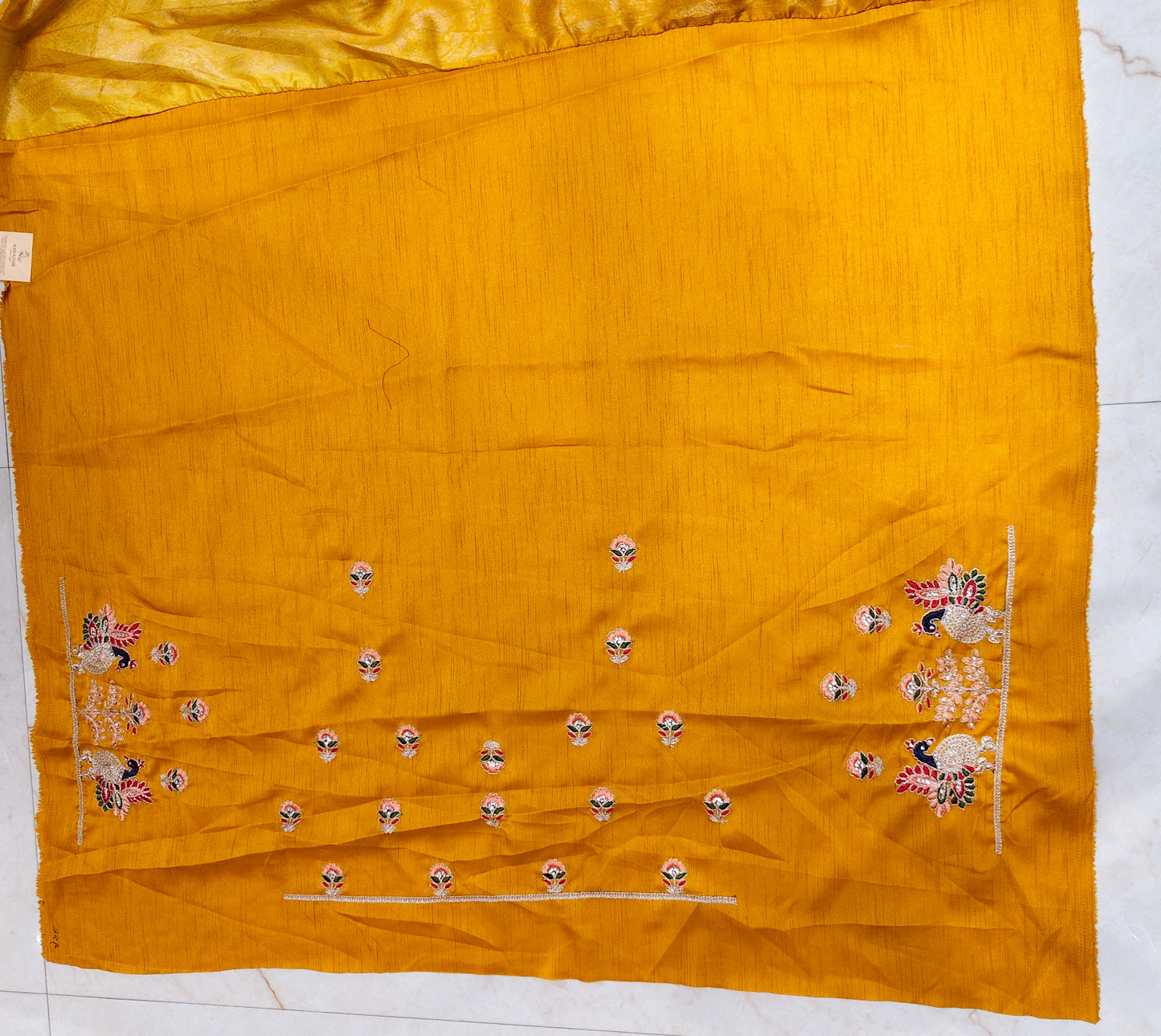 Mustard Birds Motif Tissue Saree