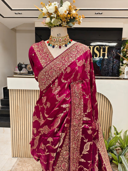 Wine Satin Crepe Designer Saree