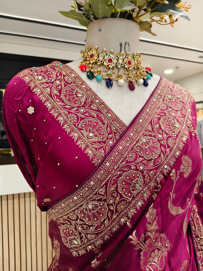 Wine Satin Crepe Designer Saree