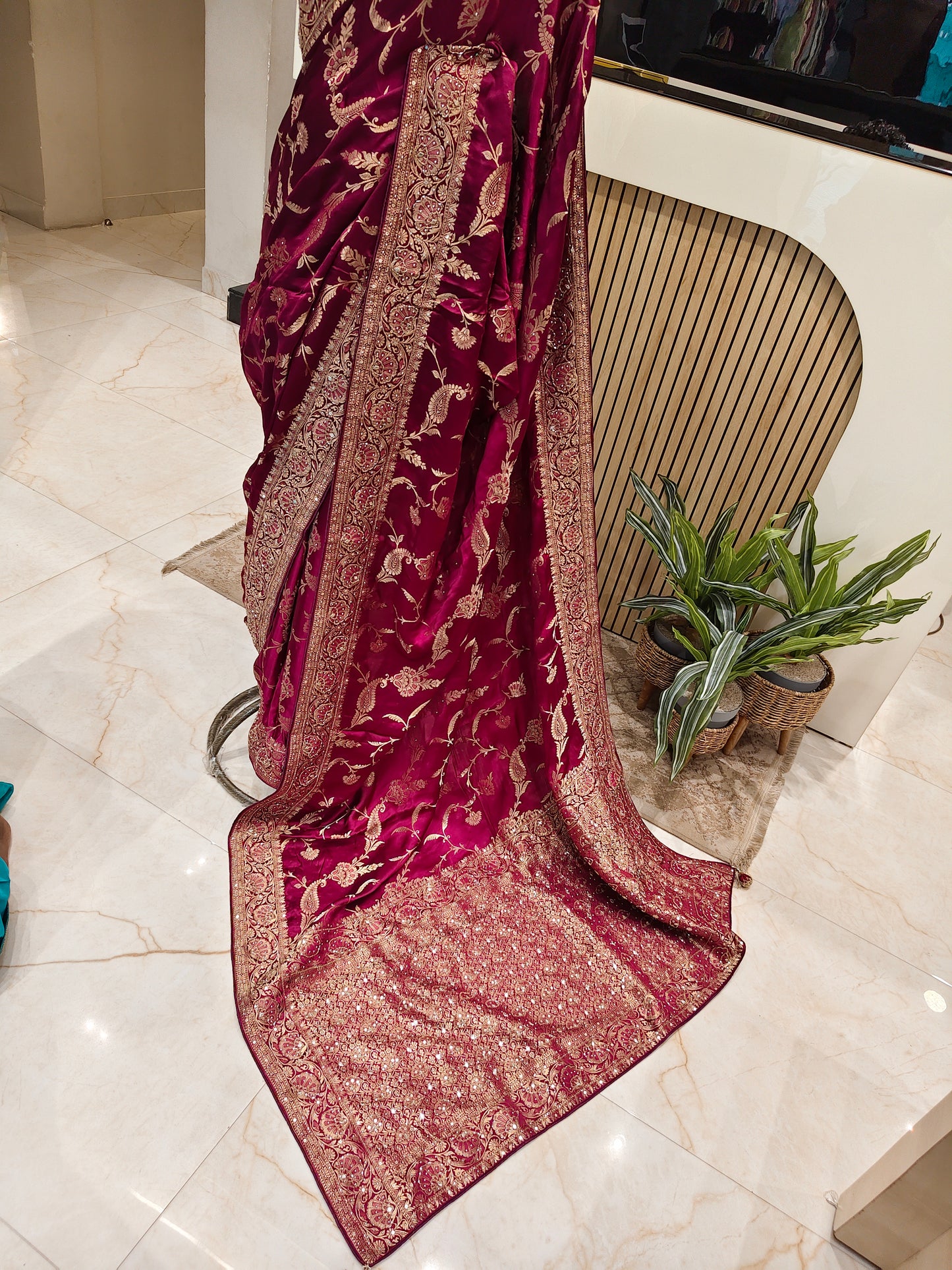 Wine Satin Crepe Designer Saree