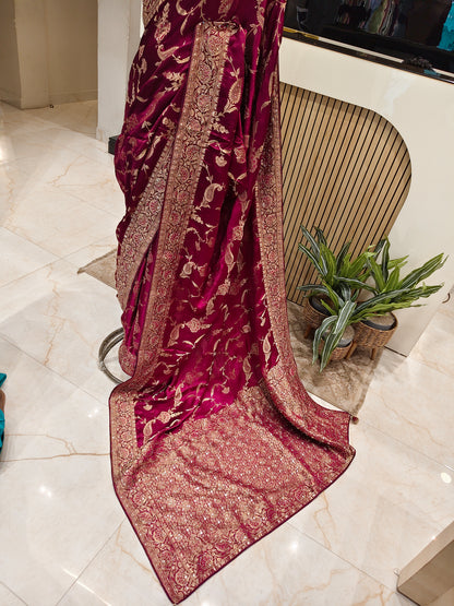 Wine Satin Crepe Designer Saree