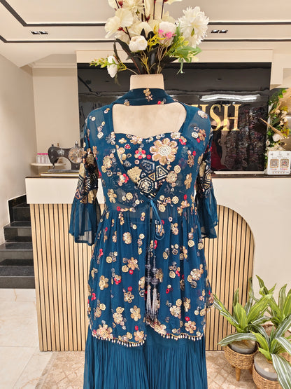 Blue Georgette Indo-Western Gharara Set