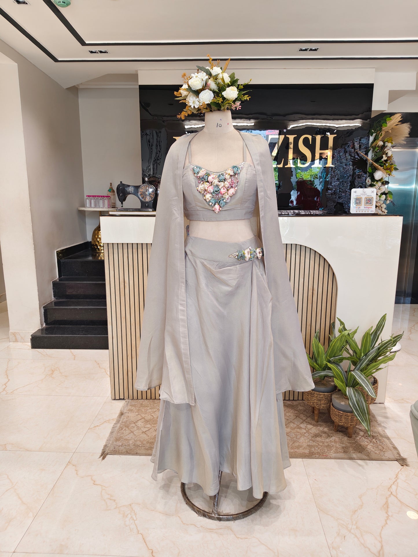Grey Handworked Indo-Western Skirt Set