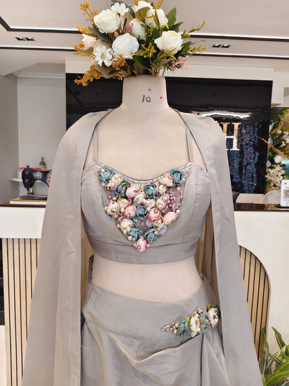 Grey Handworked Indo-Western Skirt Set