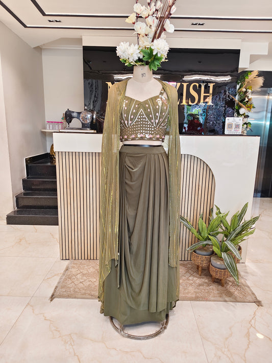 Mehndi Green Handworked Indo-Western Skirt Set