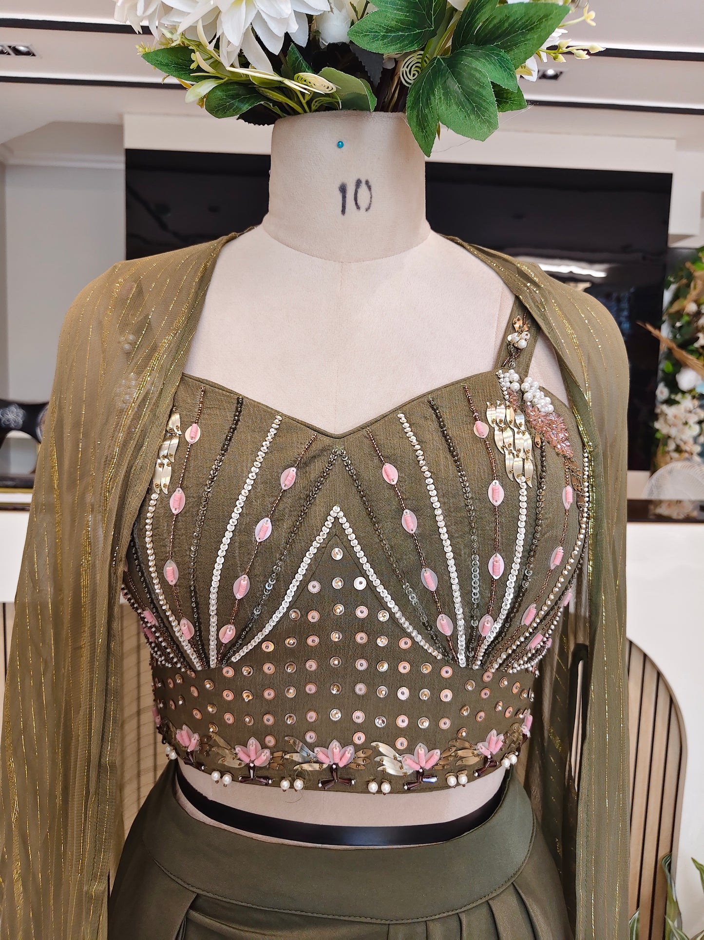 Mehndi Green Handworked Indo-Western Skirt Set
