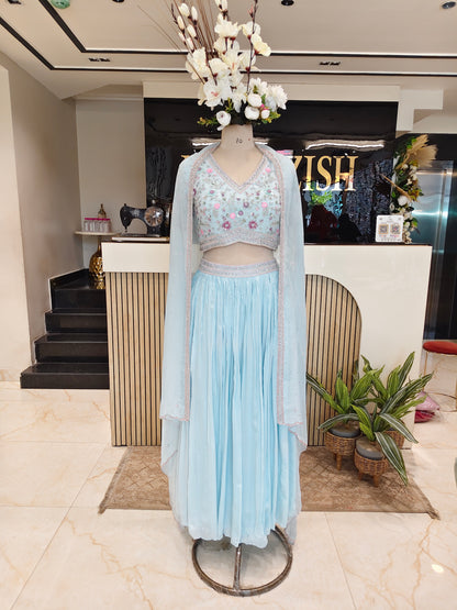 Sky Blue Handwork Indo Western Skirt Set