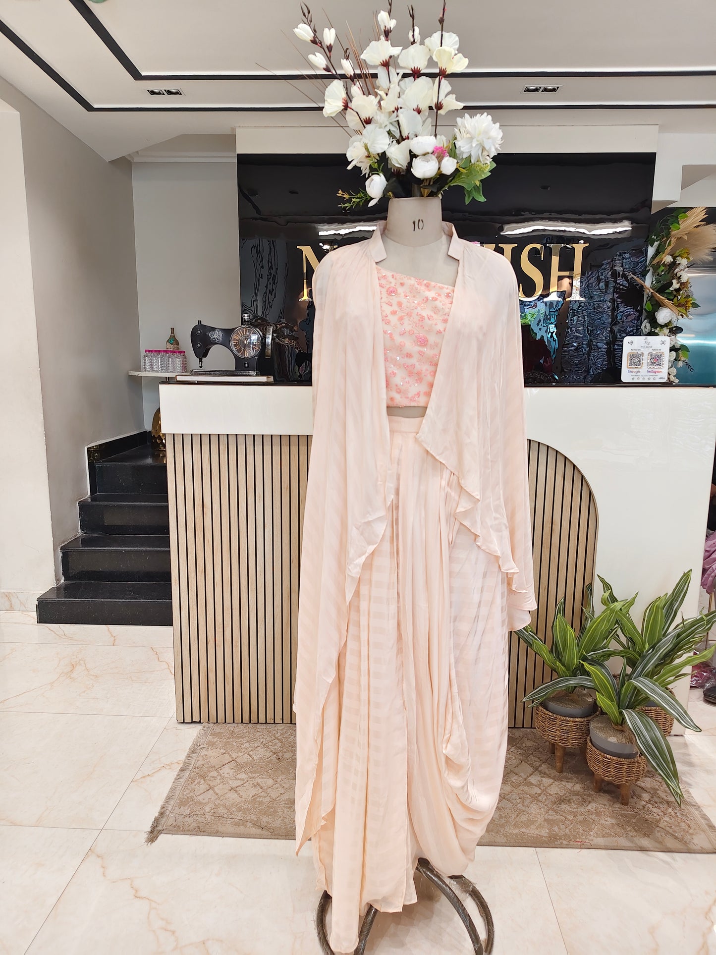 Peach Sequins Drape Skirt Indo Western Set