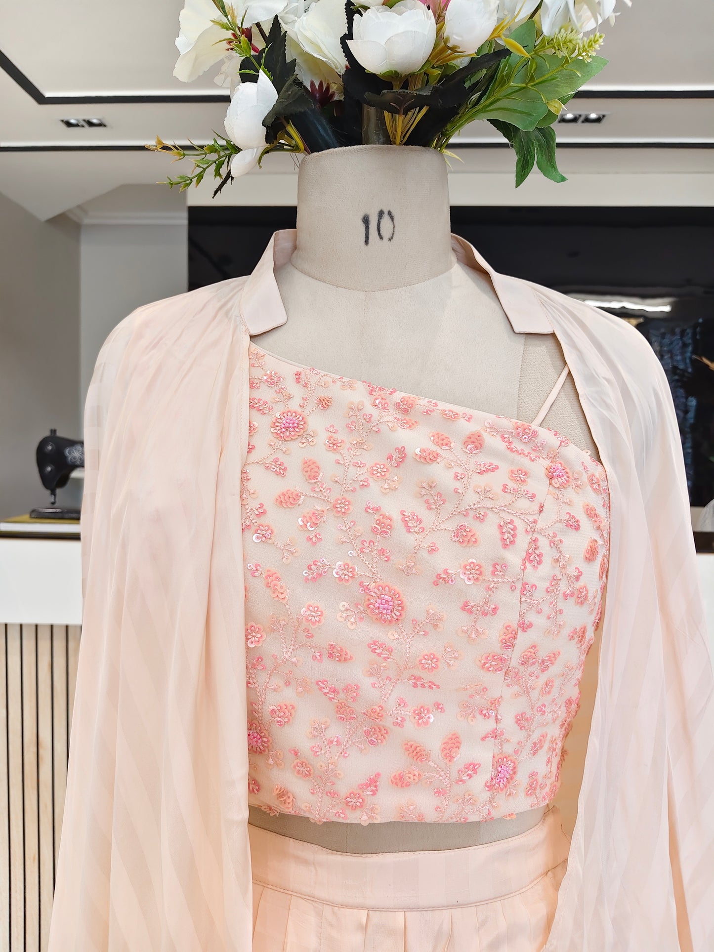 Peach Sequins Drape Skirt Indo Western Set