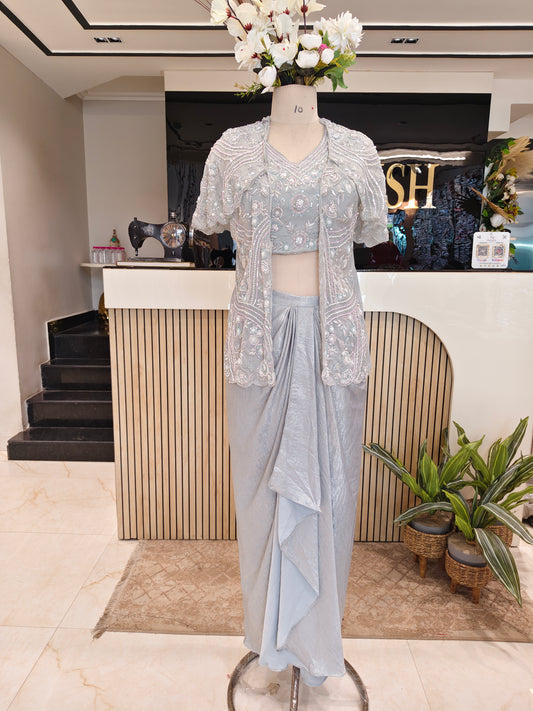 Grey Multi Sequins Drape Skirt Indo Western Set