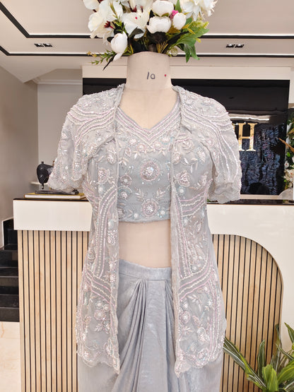 Grey Multi Sequins Drape Skirt Indo Western Set