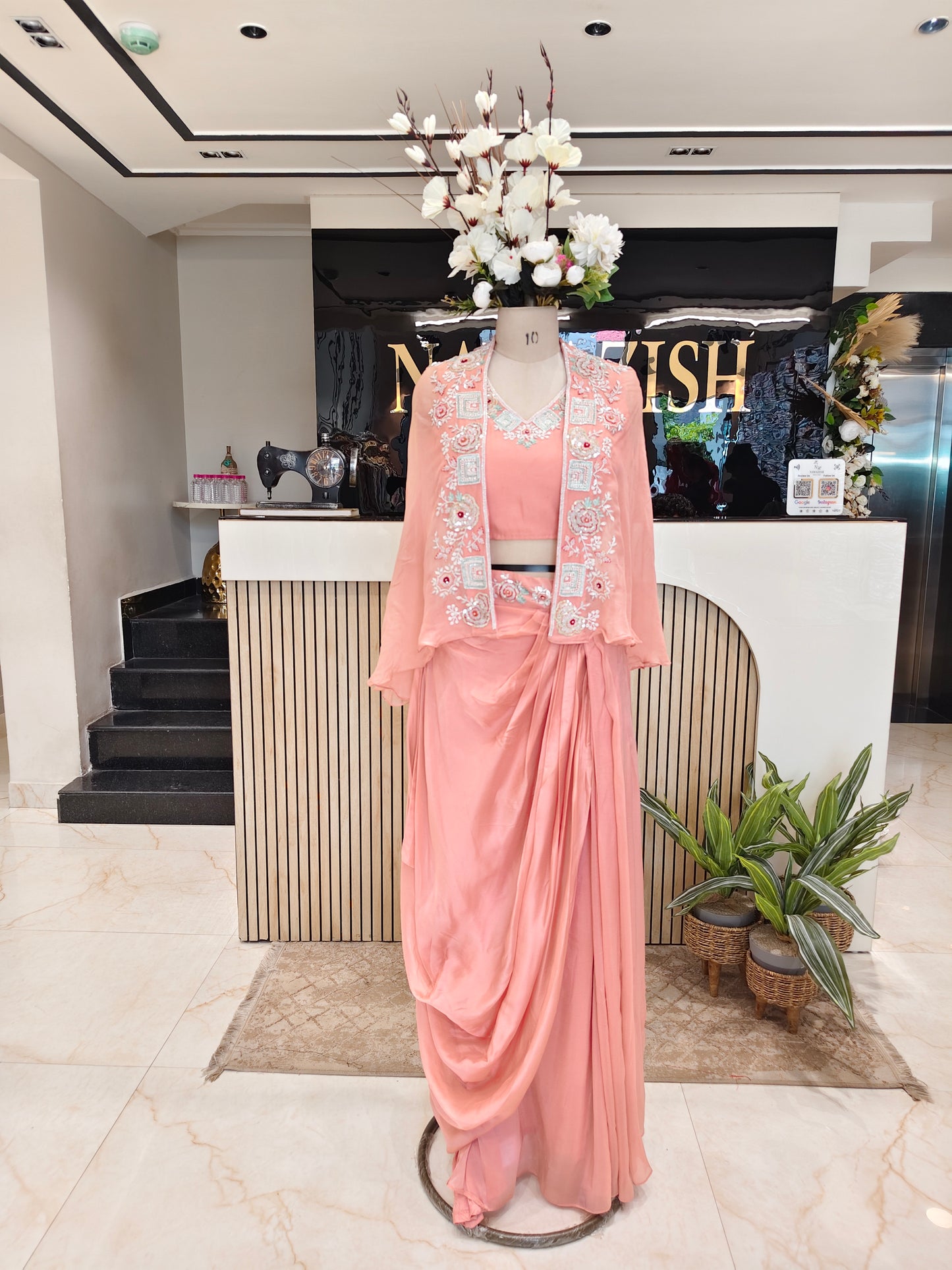 Peach Organza Drape Skirt Palazzo Set