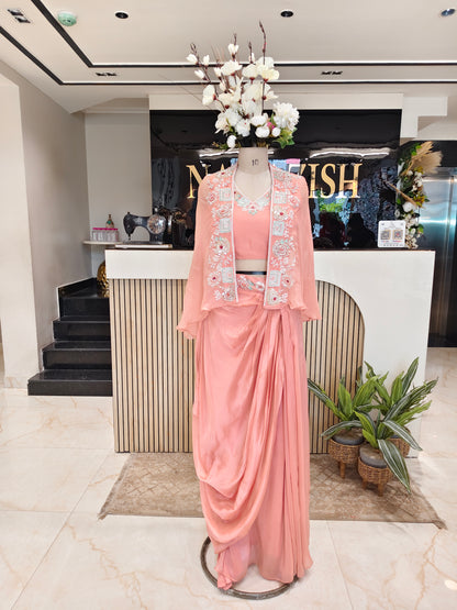 Peach Organza Drape Skirt Palazzo Set