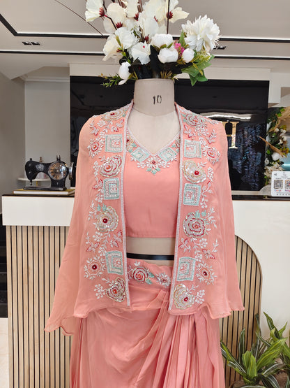 Peach Organza Drape Skirt Palazzo Set