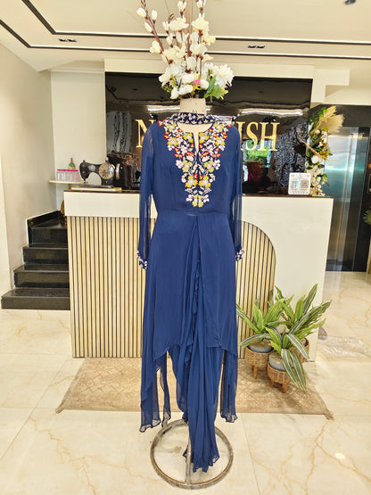 Navy Blue Resham Dabka Drape Skirt Set