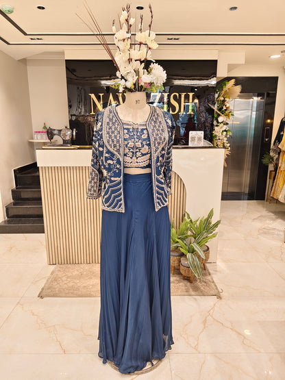Navy Blue Silk Indo Western Palazzo Set