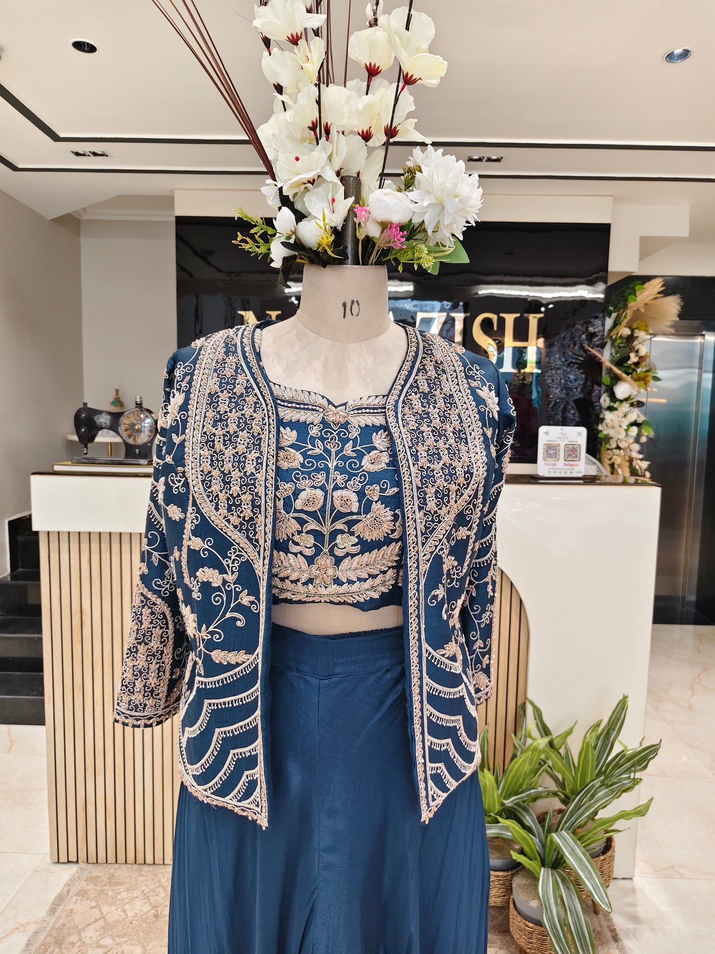 Navy Blue Silk Indo Western Palazzo Set