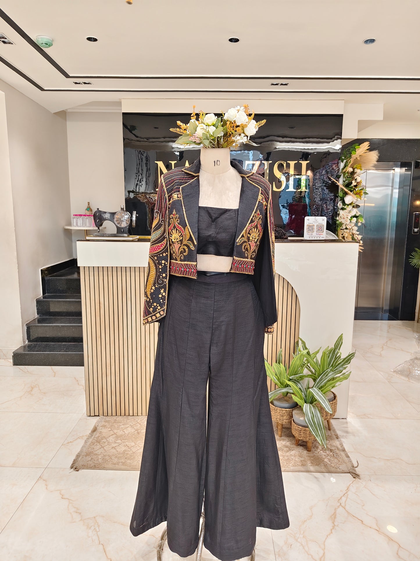 Black Silk Blazer Palazzo Set