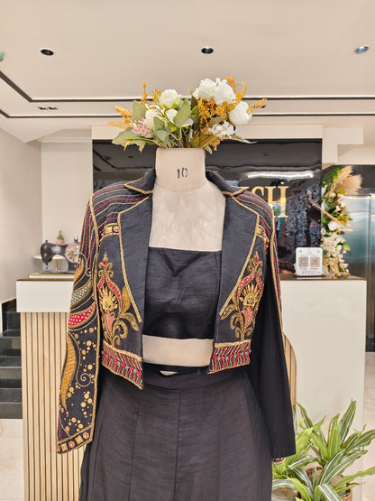 Black Silk Blazer Palazzo Set