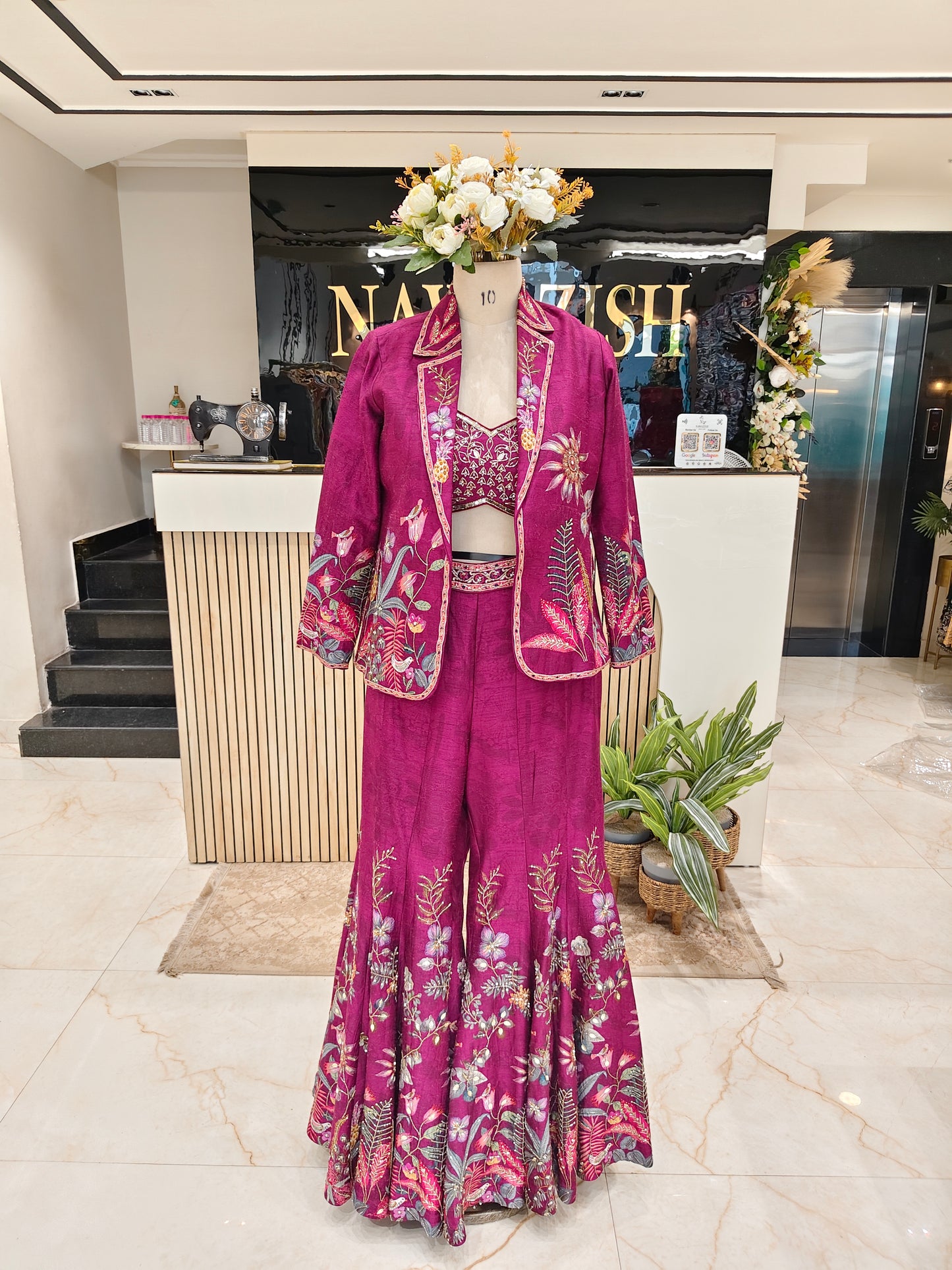 Indowestern Wine Silk Kutdana Palazzo Set