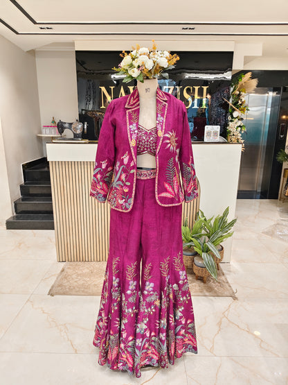 Indowestern Wine Silk Kutdana Palazzo Set