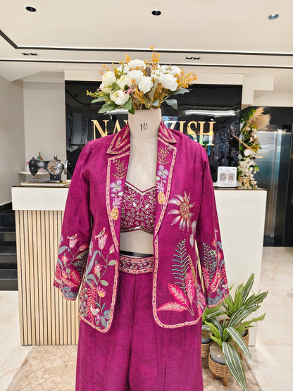 Indowestern Wine Silk Kutdana Palazzo Set