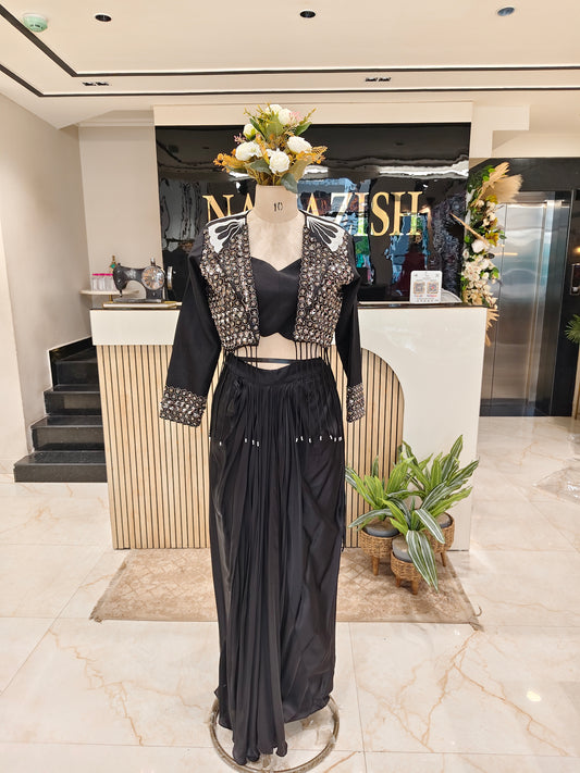Black Silk Indo Western Drape Skirt Set