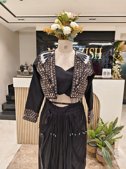 Black Silk Indo Western Drape Skirt Set