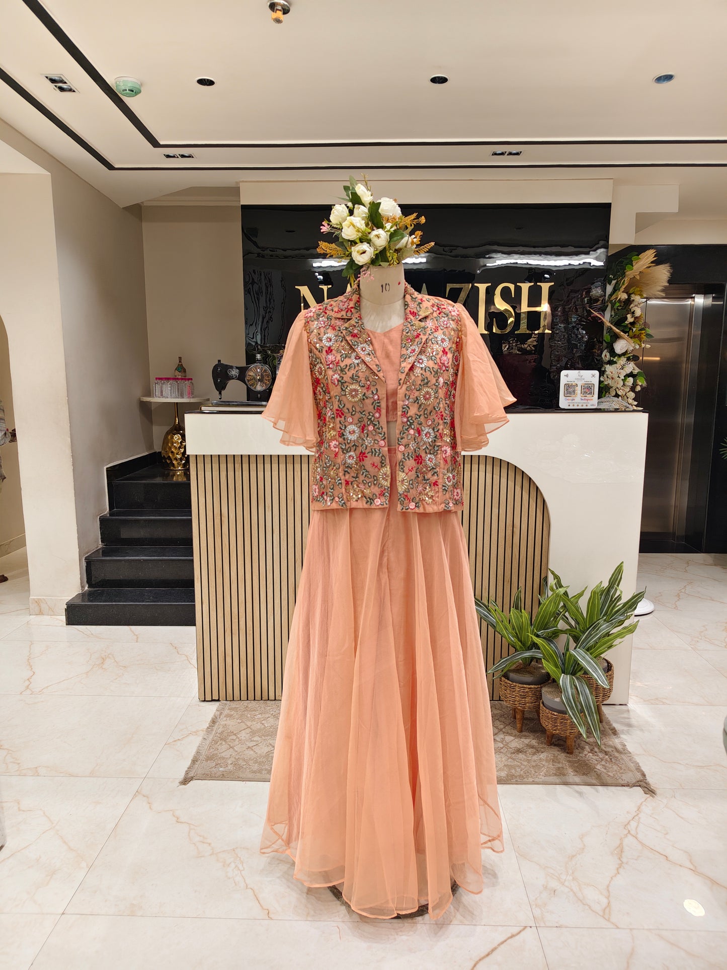 Peach Organza Indo Western Palazzo Set