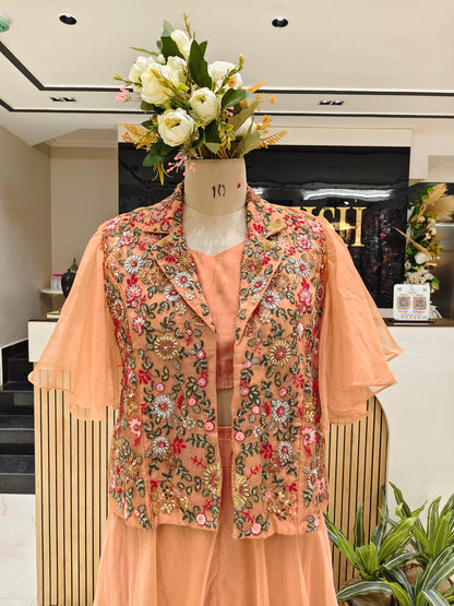 Peach Organza Indo Western Palazzo Set