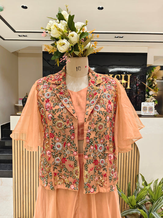 Peach Organza Indo Western Palazzo Set