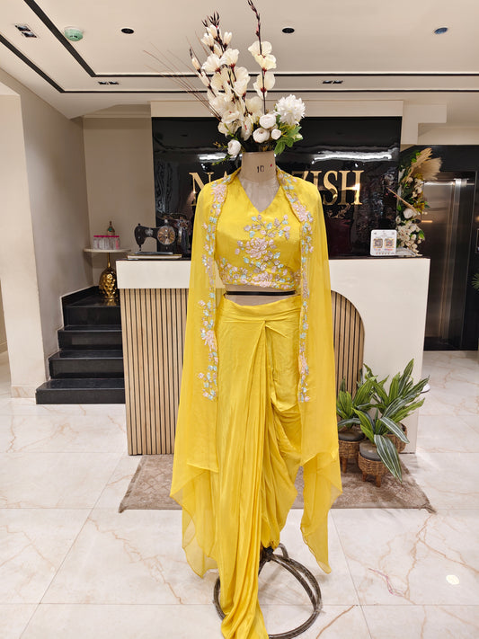 Yellow Handwork Indo Western Drape Palazzo Set
