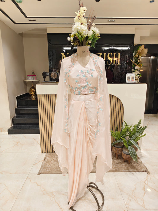 baby pink Handwork Indo Western Drape Palazzo Set