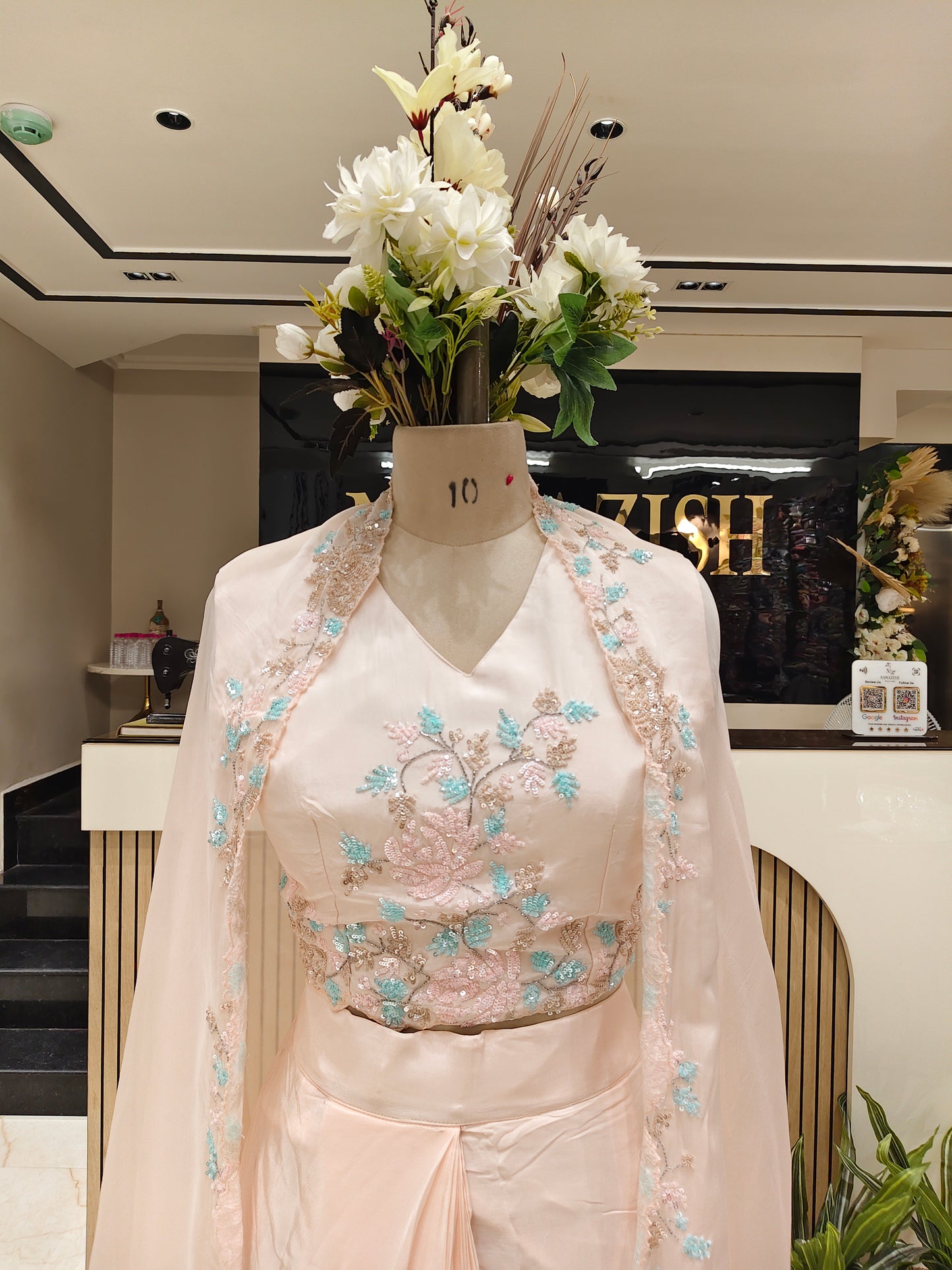 baby pink Handwork Indo Western Drape Palazzo Set