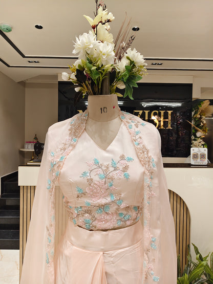 baby pink Handwork Indo Western Drape Palazzo Set