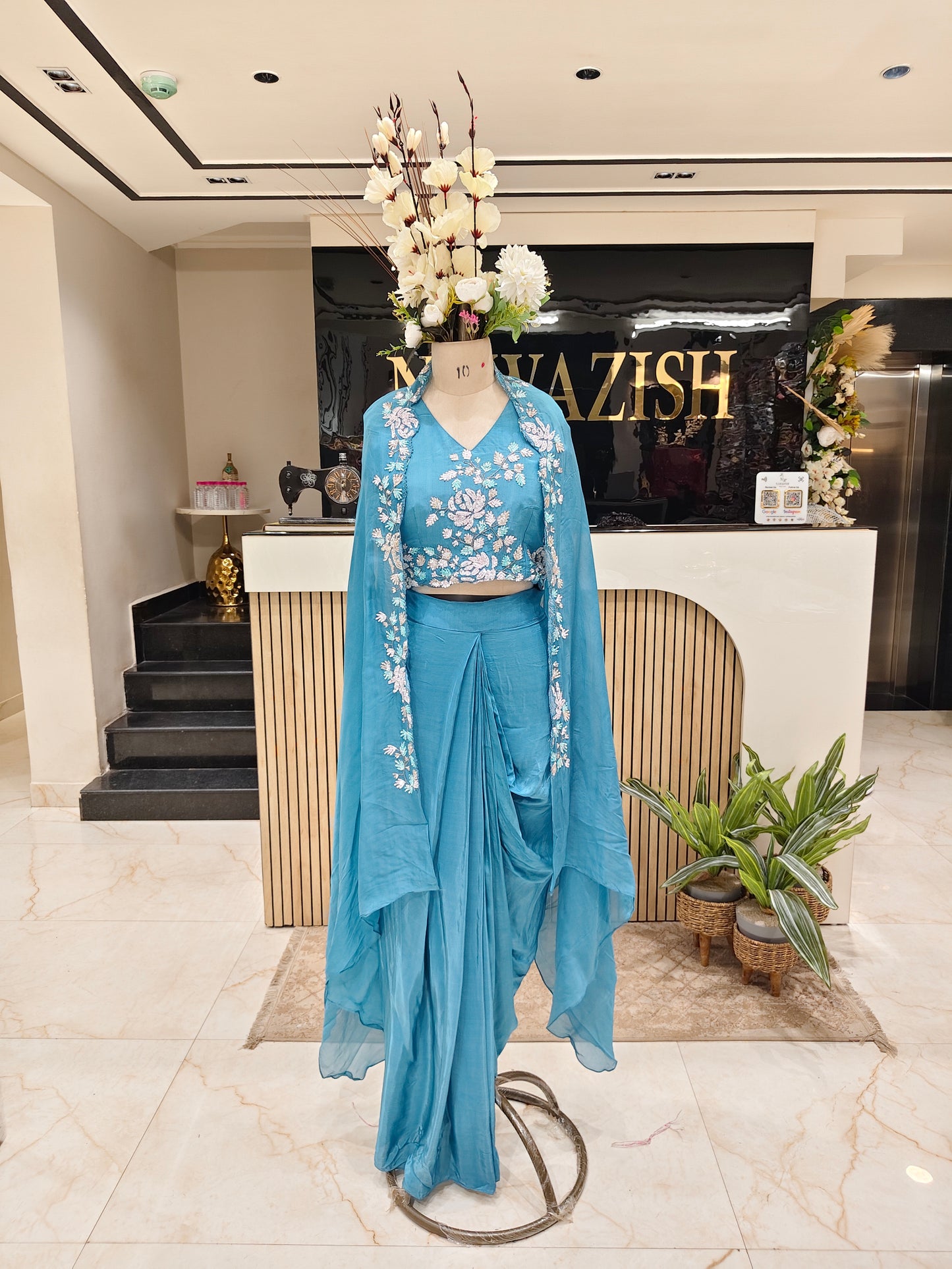Blue Multi-Work Indo Western Drape Set